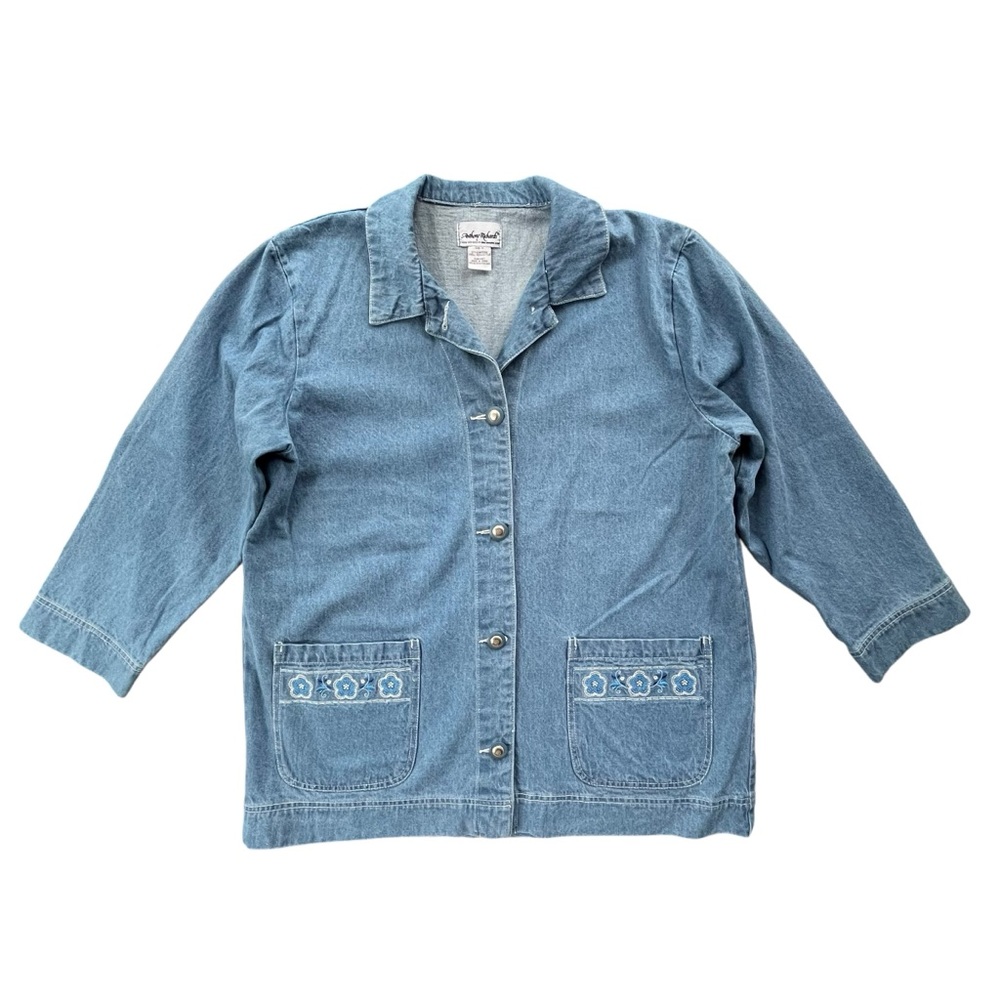 Anthony Richards Womens 1X Denim Floral Embroidered Button Front Long Sleeve Top